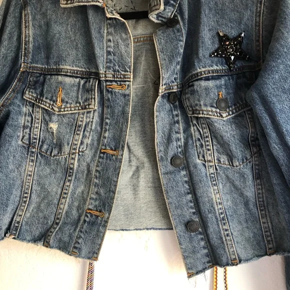 Desigual cropped denim jacket embellishments power spellout protest - Picture 6 of 9